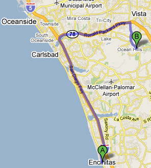 Map from Encinitas to Vista