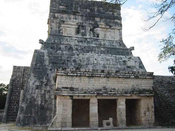 Temple to right of ball court entry