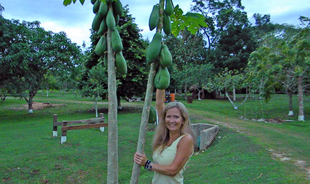Mel being posed with fruit