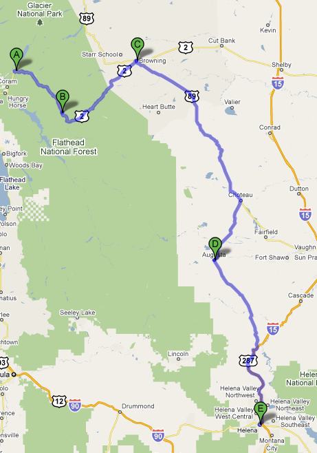 Map from West Glacier to Helena, MT