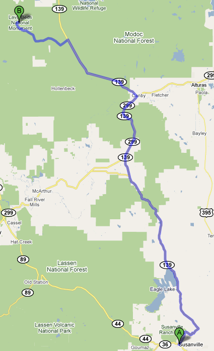 Map from Susanville and Lava Beds